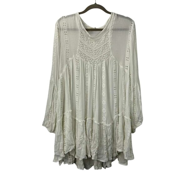 Free People Women's L Long Sleeves Embroidery White Lace Kiss Kiss Tunic Boho - Picture 3 of 16